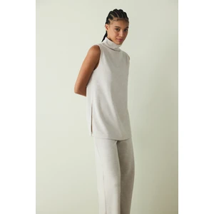 Bej Melanj Bisiklet Yaka Oversize Kolsuz Üst