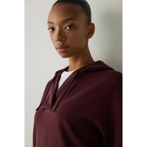 Bordo Silky Feel V Yaka Oversize Kapüşonlu Sweatshirt
