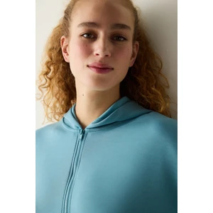 Turkuaz Mavi Yarım Fermuarlı Kapüşonlu Silky Touch Sweatshirt