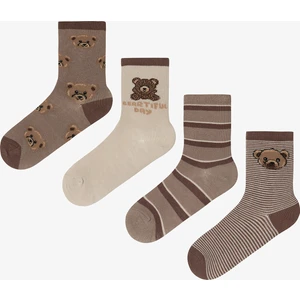 Erkek Çocuk Latte Teddy Ayı Desenli Pamuklu 4'lü Soket Çorap
