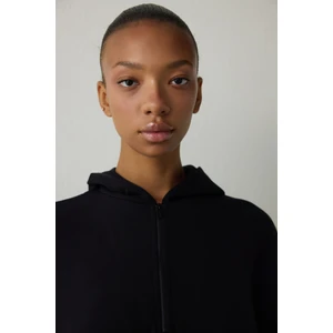 Siyah Silky Feel Kapüşonlu Oversize Fermuarlı Sweatshirt