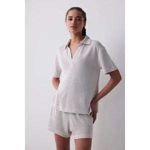 Polo Neck Loose Açık Bej Tişört