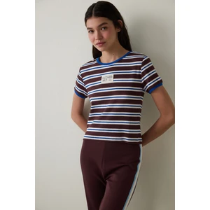 Kahverengi Bozkır Lalesi Bisiklet Yaka Pamuklu  Çizgili Crop Tişört - Inspired by Flora