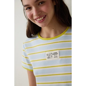 Açık Mavi Bozkır Lalesi Bisiklet Yaka Pamuklu Çizgili Crop Tişört - Inspired by Flora