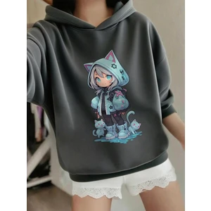 Anime Kedi Kız ve Kedi Baskılı Rahat Kesim Çocuk Sweatshirt