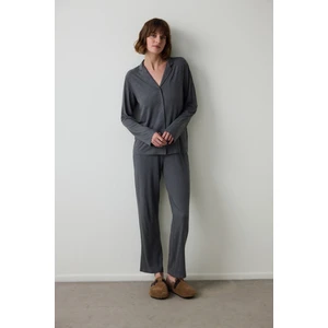 Gri Melanj Fitilli Gömlek Yaka Uzun Kollu Pijama Takımı