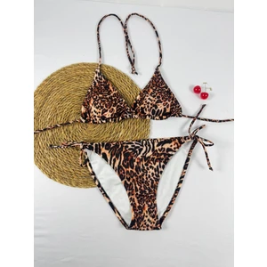 Leopar Desenli Boyun Bağlamalı Şık Üçgen Kadın Bikini Takımı