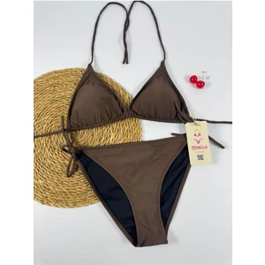 Kahve Rengi Yandan ve Boyundan Bağlamalı Ayarlanabilir Yeni Sezon Şık Üçgen Bikini Takımı