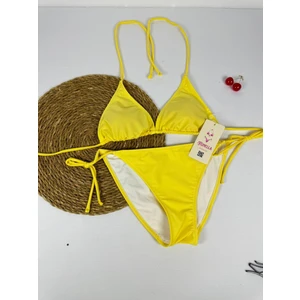 Sarı Boyundan ve Yandan Bağlamalı Likralı Şık Kadın Bikini Takımı
