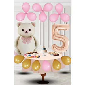 5 Yaş Retro Folyo Krem Ayıcık Pembe Gold Balon Rose Gold Rakam Doğum Günü Süsleme