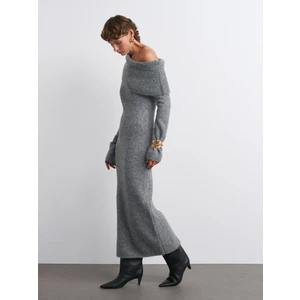 90259 Bardot Yaka Yumuşak Dokulu Triko Elbise-Füme M.