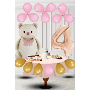 4 Yaş Retro Folyo Krem Ayıcık Pembe Gold Balon Rose Gold Rakam Doğum Günü Süsleme