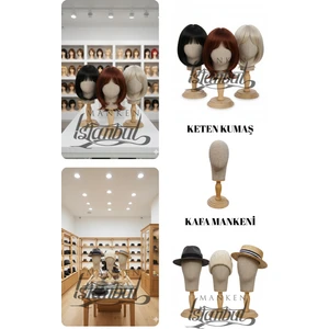 Manken İstanbul Kumaş Kaplı Ahşap Standlı Polyester Kafa Mankeni Aksesuar Mankeni Şapka Mankeni Peruk Mankeni