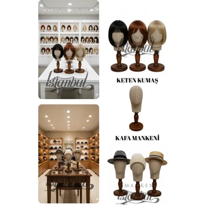 Manken İstanbul Kumaş Kaplı Ahşap Standlı Polyester Kafa Mankeni Aksesuar Mankeni Şapka Mankeni Peruk Mankeni