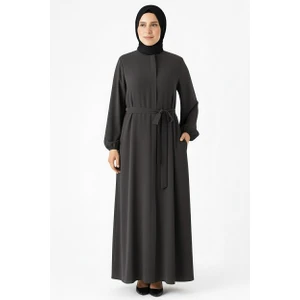 Mismoly Medine Ipeği Mevlana Kesim Cepli Kuşaklı Bol Ferace Gri