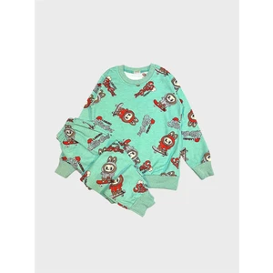 Erkek Çocuk Pamuklu Yeşil Labubu Desenli Uzun Kollu Mevsimlik Pijama Takımı