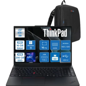 Thinkpad E16 Gen 3 Intel Core Ultra 7 255H 16GB Ddr5 256GB SSD Windows 11 Pro Intel Arc 140T 16 Inç Wuxga (1920 x 1200) IPS 300NITS Taşınabilir Bilgisayar 21SR006RTXP01 + Zetta Çanta