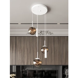 Vienna Modern Beyaz Metal Gövdeli 5'li Sarkıt Avize - 3 Füme Cam Küre 2 LED Spot, E27 DUY-G10 Duy