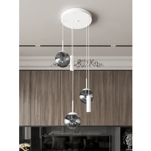 Vienna Modern Beyaz Metal Gövdeli 5'li Sarkıt Avize - 3 Füme Cam Küre 2 LED Spot, E27 DUY-G10 Duy