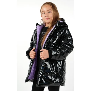 Parlak Kız Çocuk Kapüşonlu Suve Rüzgar Geçirmez Içi Mor Kürklü Mont