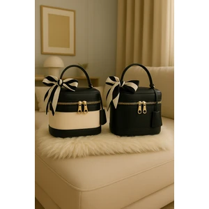 Kadın  Dikdörtgen Formlu Çapraz Askılı Fular Hediyeli 2'li El ve Omuz Çantası Melina (krem e siyah , siyah)