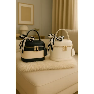 Kadın  Dikdörtgen Formlu Çapraz Askılı Fular Hediyeli 2'li El ve Omuz Çantası Melina (krem'e siyah, krem)