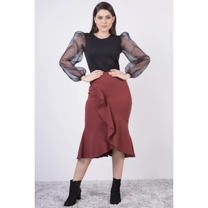 Kadın Kiremit Mevsimlik Volanlı Midi Boy Krep Etek  2123-80