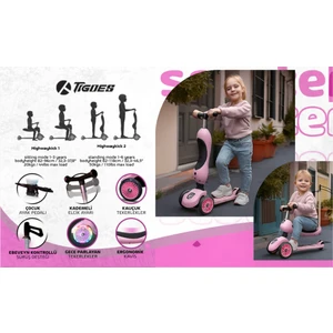 Premium Oturaklı Pembe Scooter 3 Tekerlekli LED Işıklı Scooter Yükseklik Ayarlı 1-6 Yaş