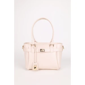 Kadın Kemer ve Kilit Charm Detaylı Fermuar Kapamalı El ve Omuz Çantası Lotus Krem