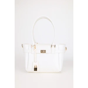 Kadın Kemer ve Kilit Charm Detaylı Fermuar Kapamalı El ve Omuz Çantası Lotus Beyaz