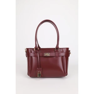 Kadın Kemer ve Kilit Charm Detaylı Fermuar Kapamalı El ve Omuz Çantası Lotus Bordo