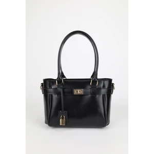 Kadın Kemer ve Kilit Charm Detaylı Fermuar Kapamalı El ve Omuz Çantası Lotus Siyah