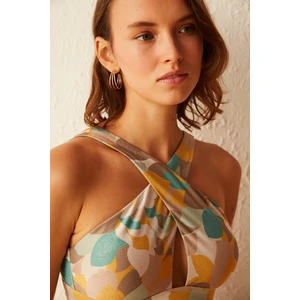 Çok Renkli Merry Desenli Halter Bikini Üstü