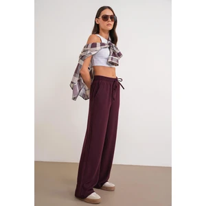 4757 Kadın Lastikli Bol Paça Örme Dökümlü Selanik Pantalon Mürdüm