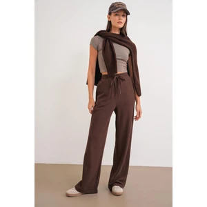 4757 Kadın Lastikli Bol Paça Örme Dökümlü Selanik Pantalon Kahve