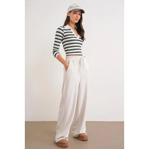 4757 Kadın Lastikli Bol Paça Örme Dökümlü Selanik Pantalon Taş