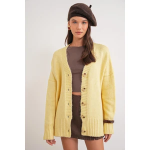 6927 Kadın Yumuşak Dokulu Salaş Basic Triko Hırka Sarı