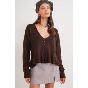 6954 Kadın Fırfır Detaylı V Yaka Triko Kazak Kahve