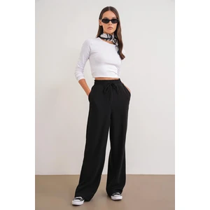 4757 Kadın Lastikli Bol Paça Örme Dökümlü Selanik Pantalon Siyah