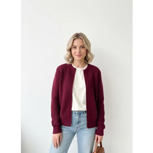 Basic Fermuarlı Kadın Hırka Bordo Crop Fit Kalıp