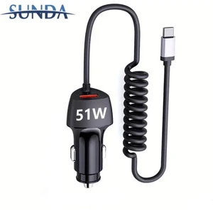 51W Karbon Fiber Yaylı Şarj Kablolu 2 Girişli Type-C ve Usb Hızlı Ce Lisanslı Sertifkalı Orjinal Sağlam Araç Şarjı