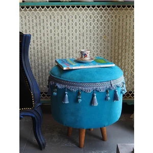 Turkuaz Renginde  Ahşap Ayaklı Vintage Puf