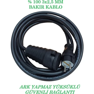 3x2,5 mm %100 Bakır Uzatma Kablosu. Kauçuk Fiş+Kauçuk Priz. Ev Tipi Prizden Elektrili Araç Şarjına Uygun. Yüksek Akım Kapasiteli.