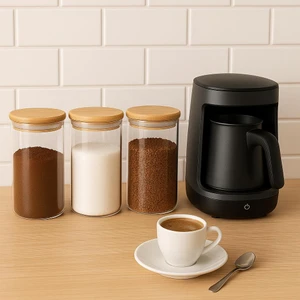 Noah Exclusive 3 Lu Çay +Şeker+ Kahve  Saklama Kabı SETİ-ETİKETLİ-420 Ml-Bambu Kapaklı-7 cm x 15 Cm-Sılıkonlu