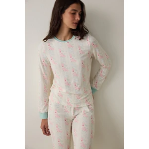 Gardenya Cute Flowers Termal Etkisi Bisiklet Yaka Uzun Kollu Pijama Üstü