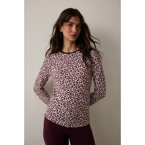 Bordo Leopar Desenli Bisiklet Yaka Uzun Kollu Pijama Üstü