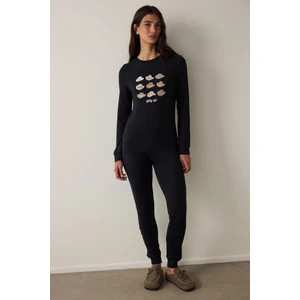 Siyah Lana Slogan Baskılı Bisiklet Yaka Pijama Takımı