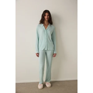 Mint Fitilli Gömlek Yaka Düğmeli Uzun Kollu Sürdürülebilir Viskon Pijama Takımı