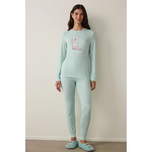 Mint Sleep-In Sloganlı Termal Etkili Bisiklet Yaka Uzun Kollu Pijama Üstü