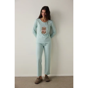 Mint Ent Scarf Bisiklet Yaka Uzun Kollu Slogan Baskılı Pijama Takımı